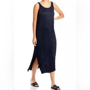 Eileen Fisher Black Crushed Cupro Midi Dress Small Scoop Neck Pleated Minimalist